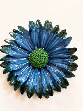 Vintage Blue Enamel Daisy Flower Brooch Pin - 2 Inches - Retro Floral Jewelry